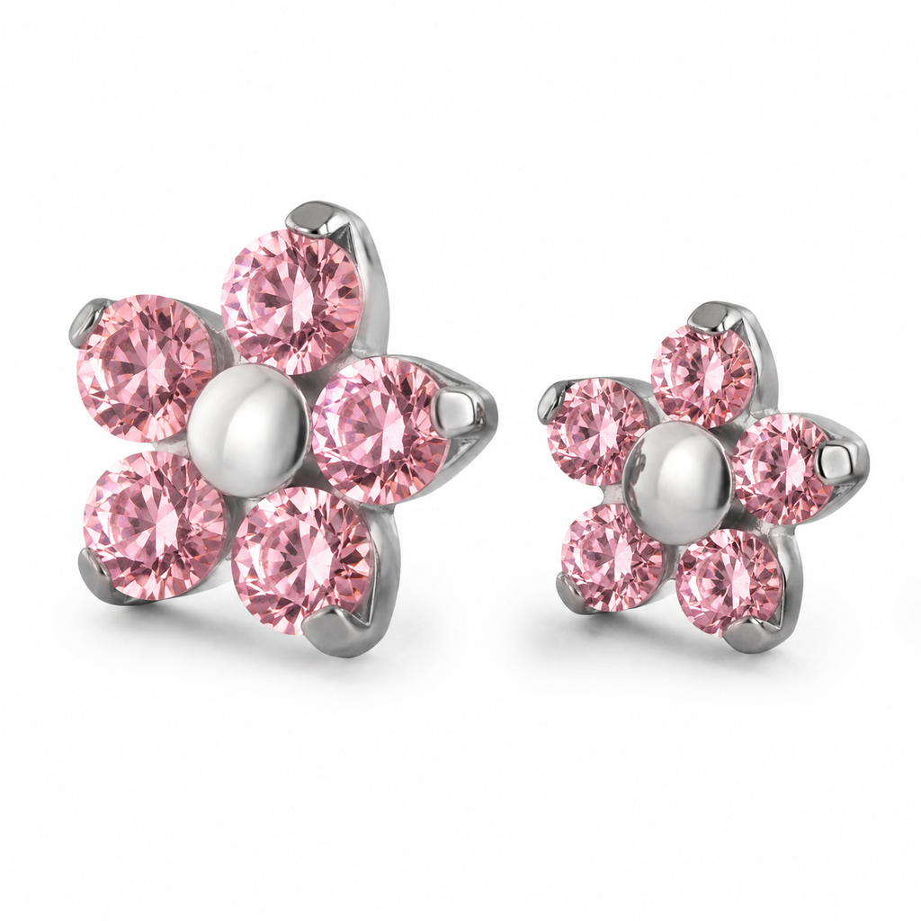 NeoMetal 1.5 mm Pink Flower Threadless Gem End and Flat Back Labret Post ASTM F-136 Titanium Pair