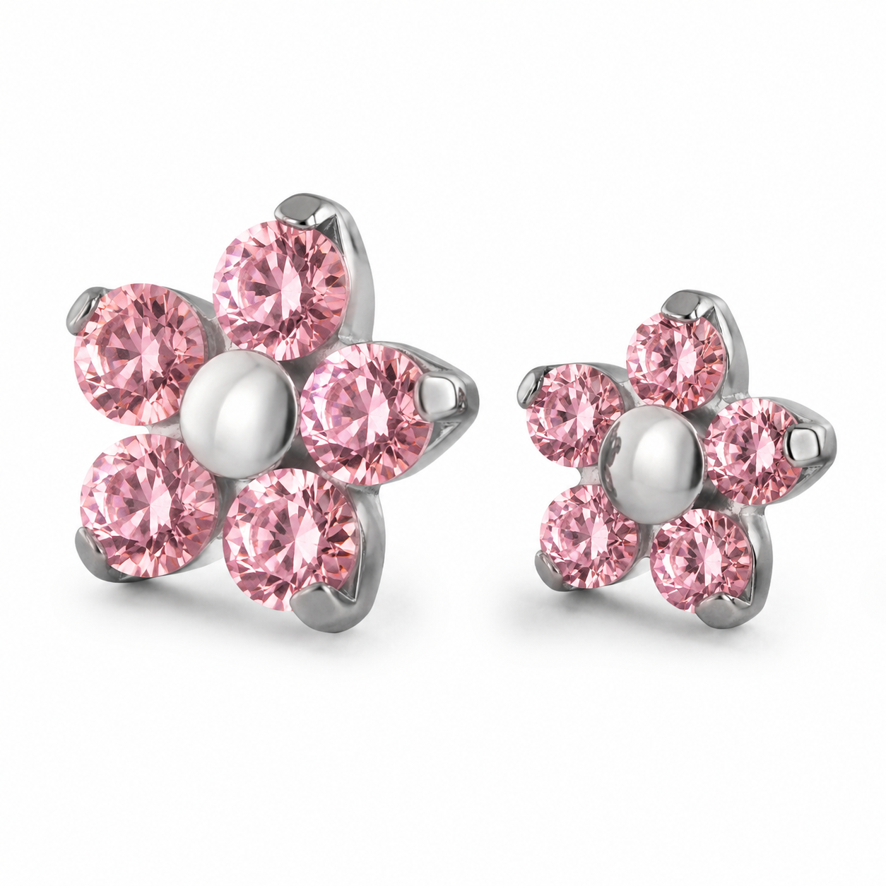 NeoMetal 1.5 mm Pink Flower Threadless Gem End and Flat Back Labret Post ASTM F-136 Titanium Pair